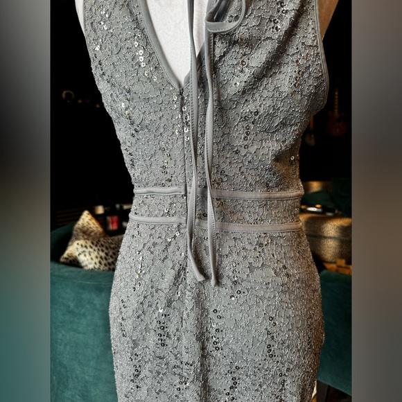 Silver, sequined, sleeveless dress with tie back - Picture 5 of 14